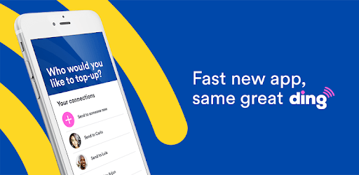 Mobile app interface displaying options for sending top-ups with the Ding app.
